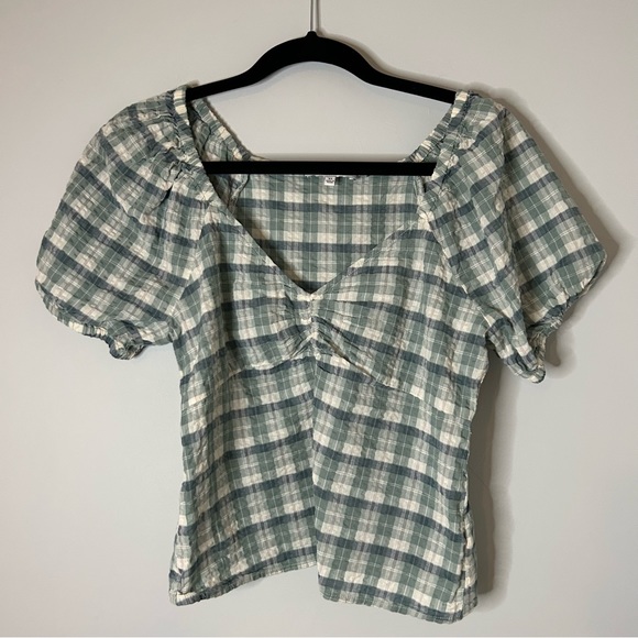 Madewell Plaid Puff-Sleeve Ruched Bodice Top - Picture 2 of 8